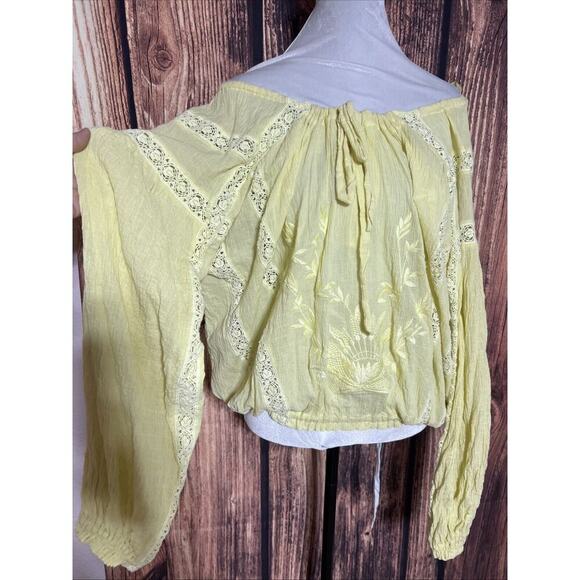 Free People Blouse Boho Yellow Embroidered Sz Small Oversized Off Shoulder Crop - Picture 2 of 9